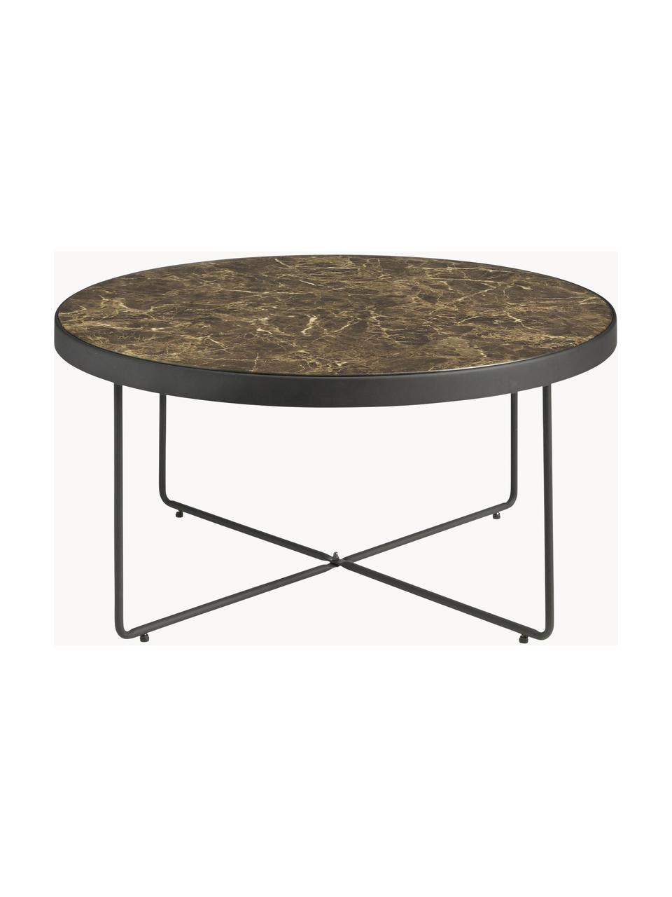 Ronde metalen salontafel Gellina met gemarmerde glazen tafelblad, Tafelblad: gehard glas, bedrukt, Frame: metaal, gecoat, Zwart, bruin, gemarmerd, Ø 80 cm