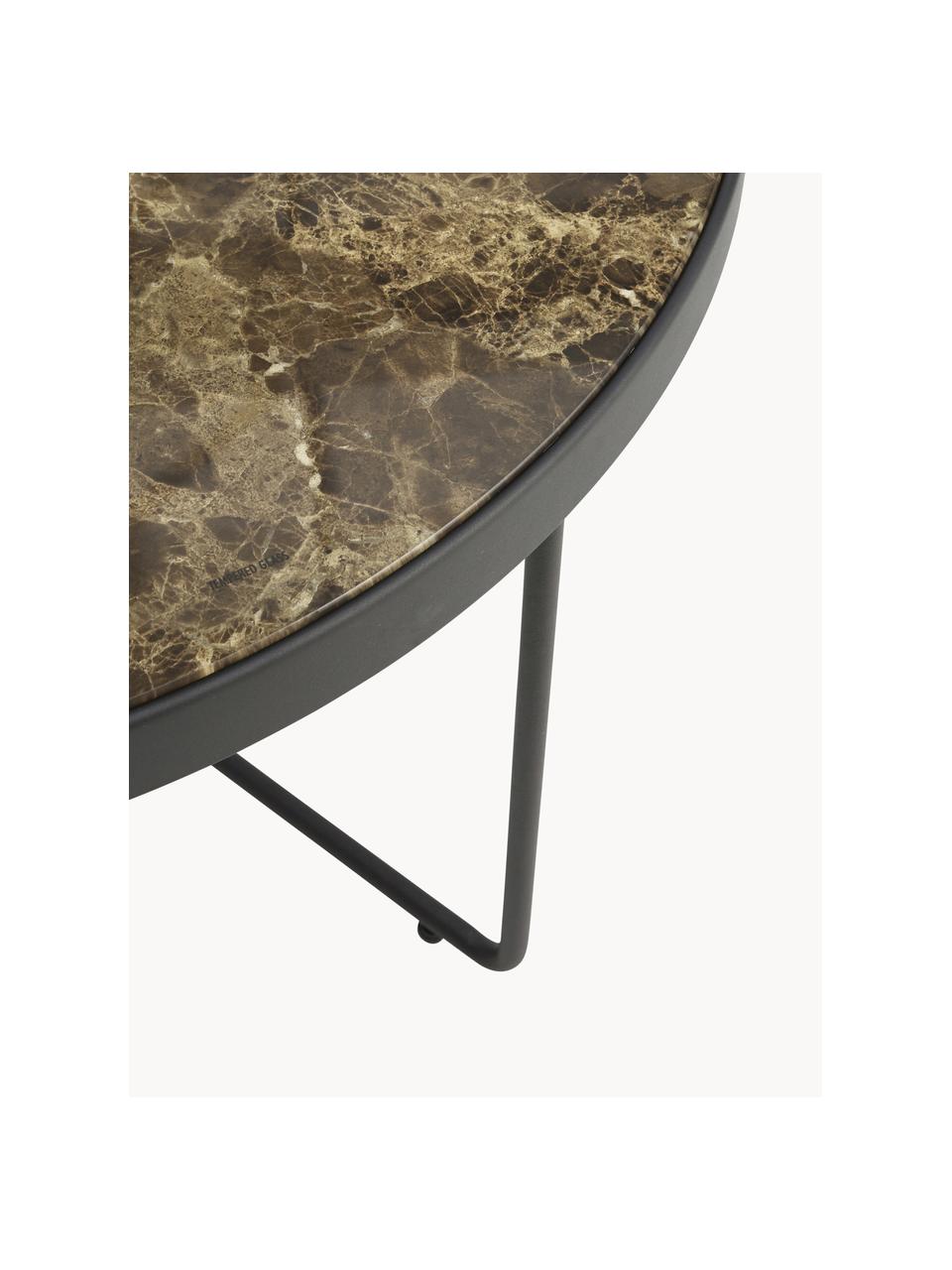 Kulatý kovový konferenční stolek se skleněnou deskou v mramorovém vzhledu Gellina, Černá, hnědá, mramorovaná, Ø 80 cm