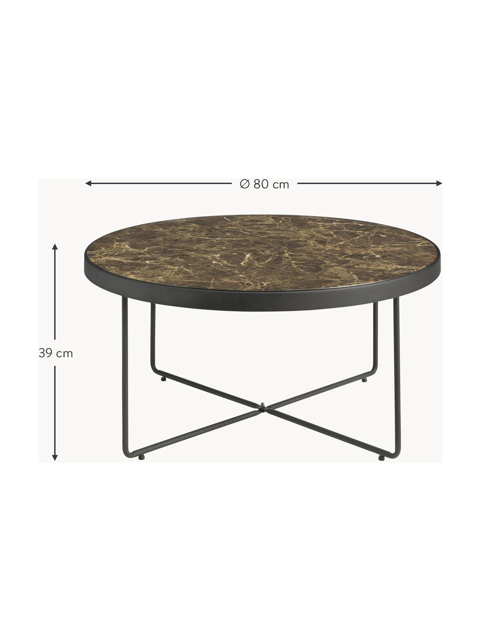 Mesa de centro redonda de metal Gellina, con tablero de vidrio, Tablero: vidrio templado impreso, Estructura: metal recubierto, Negro, mármol marrón, Ø 80 cm