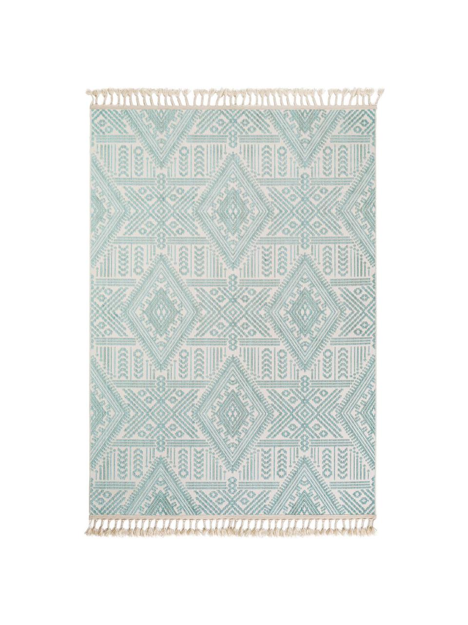 Vloerkleed Laila Tang met hoog-diep effect in turquoise en crèmekleurig, Bovenzijde: polyester, Onderzijde: katoen, Crèmekleurig, turquoise, 230 x 340 cm