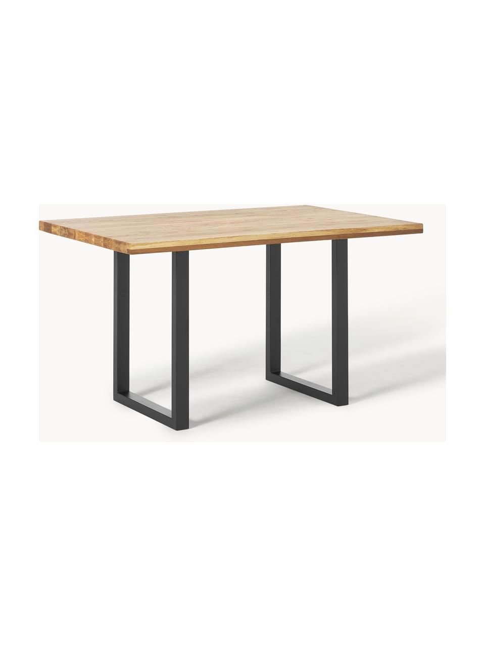 Mesa de comedor de madera de roble Oliver, tamaños diferentes, Tablero: madera de roble barnizada, Patas: metal con pintura en polv, Madera de roble, negro, An 140 x F 90 cm