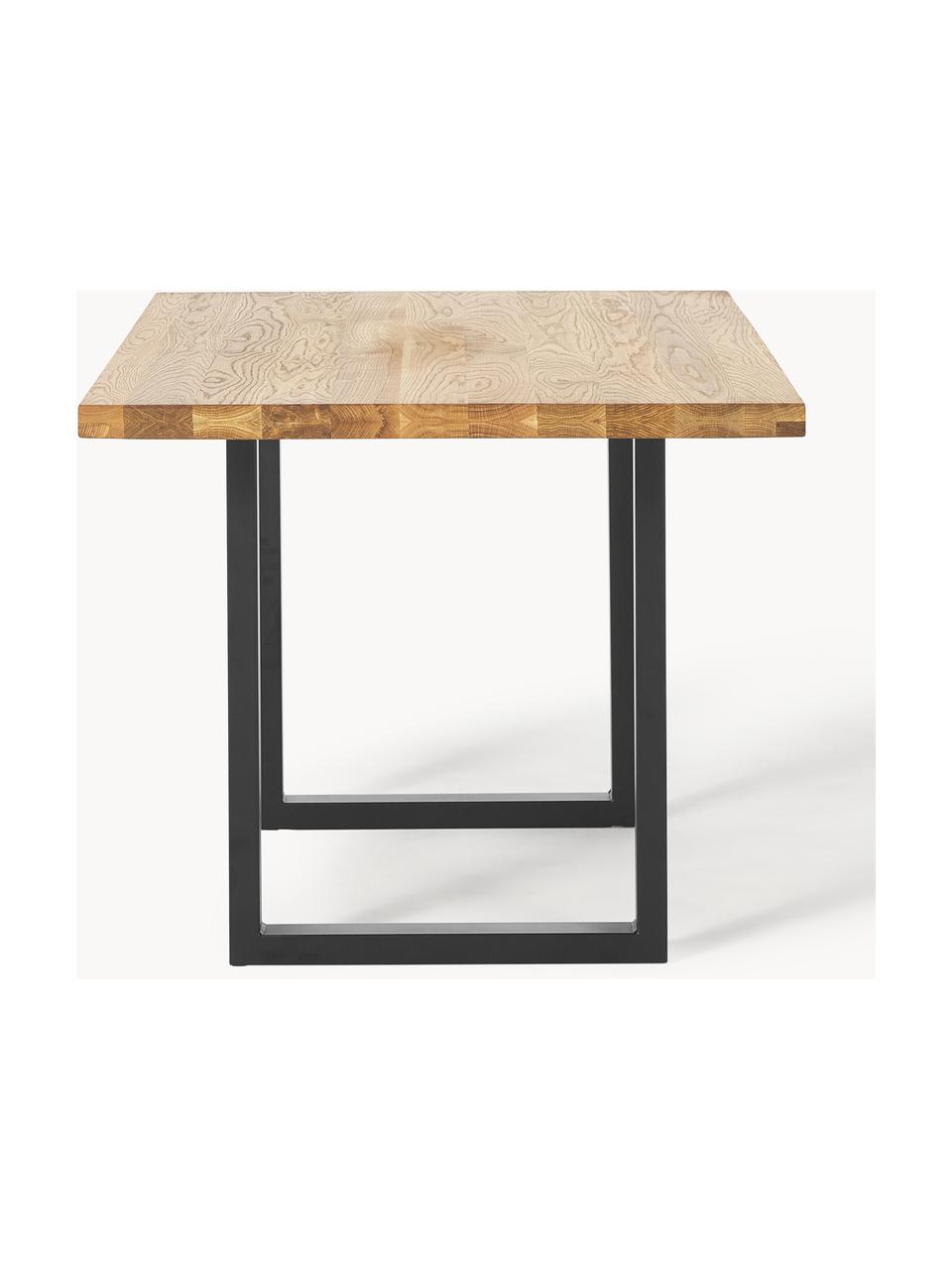 Mesa de comedor de madera de roble Oliver, tamaños diferentes, Tablero: madera de roble barnizada, Patas: metal con pintura en polv, Madera de roble, negro, An 140 x F 90 cm