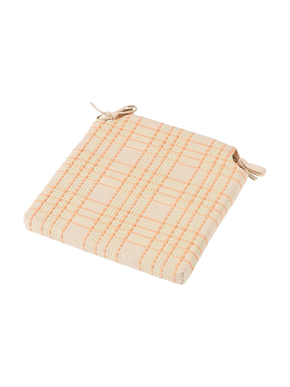 Coussin d'assise en coton à carreaux avec broderies Orla, 100 % coton, Orange, larg. 40 x long. 37 cm