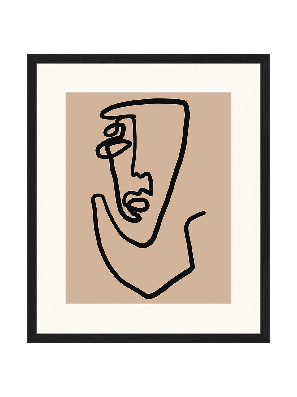 Stampa digitale incorniciata Abstract Face, Immagine: stampa digitale su carta,, Cornice: legno, verniciato, Nero, beige scuro, Larg. 53 x Alt. 63 cm