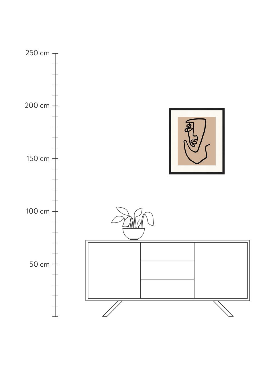 Ingelijste digitale print Abstract Face, Afbeelding: digitale print op papier,, Lijst: gelakt hout, Zwart, donkerbeige, 53 x 63 cm