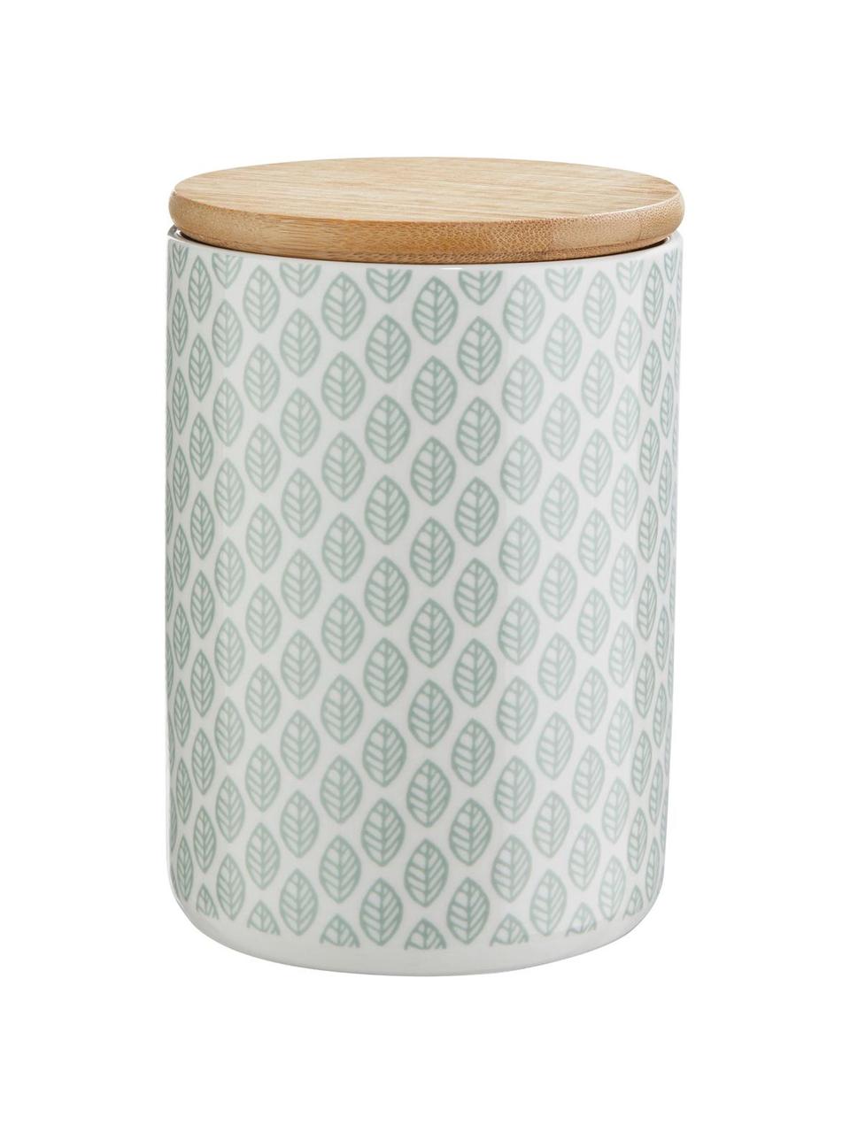 Barattolo Leaves, Contenitore: dolomite, Coperchio: bambù, silicone, Verde, bianco, Ø 10 x Alt. 14 cm, 700 ml