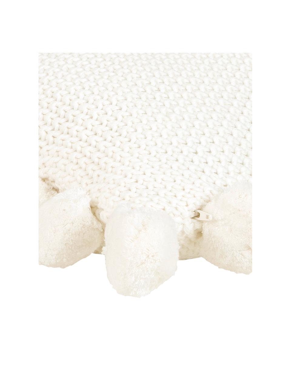 Federa arredo a maglia color crema con pompon Molly, 100% cotone, Bianco crema, Larg. 40 x Lung. 40 cm