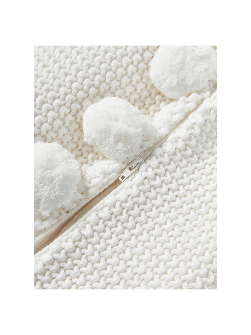 Gebreide kussenhoes Molly met pompoms, 100% katoen

Het materiaal dat in dit product wordt gebruikt, is getest op schadelijke stoffen en gecertificeerd volgens STANDARD 100 door OEKO-TEX® 11.HIN.00050 HOHENSTEIN HTTI., Crèmewit, B 40 x L 40 cm