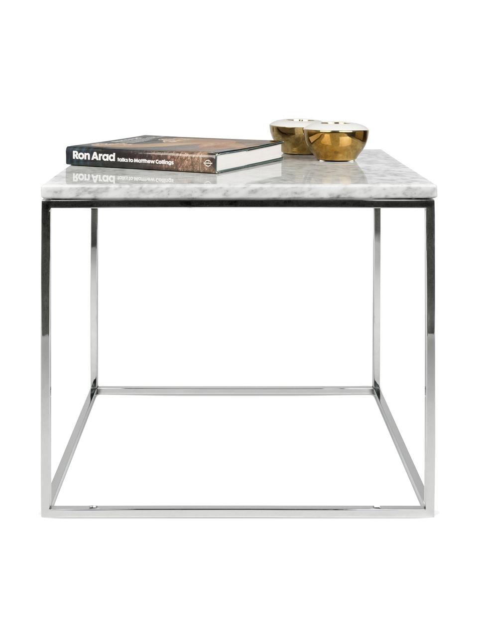 Marmor-Beistelltisch Gleam, Tischplatte: Marmor, Gestell: Stahl, verchromt, Tischplatte: Weiß, marmoriert<br>Gestell: Chrom, 50 x 45 cm