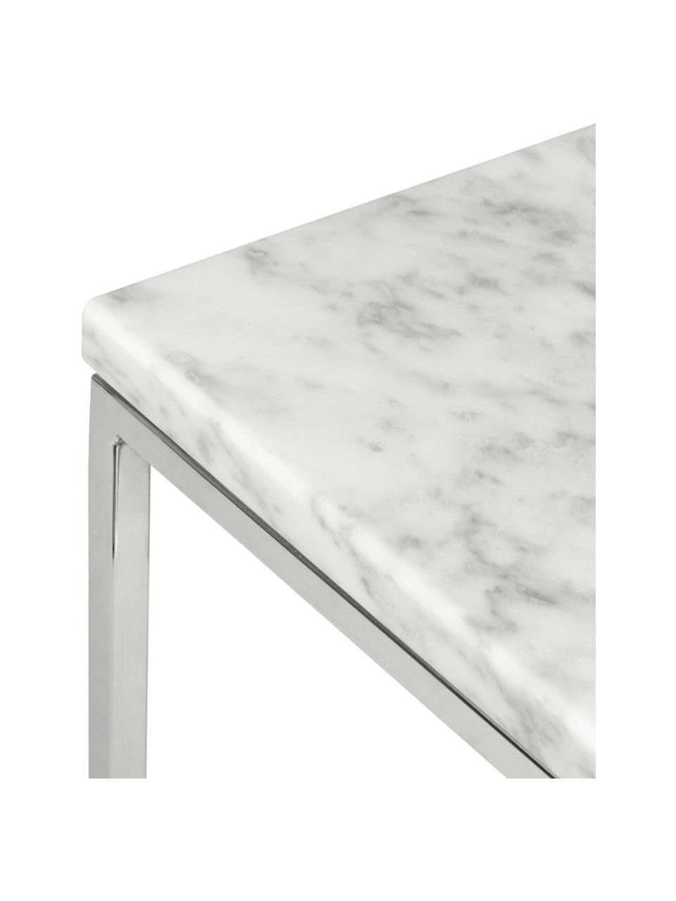 Marmeren bijzettafel Gleam, Tafelblad: marmer, Frame: verchroomd staal, Tafelblad: gemarmerd wit. Frame: chroomkleurig, 50 x 45 cm