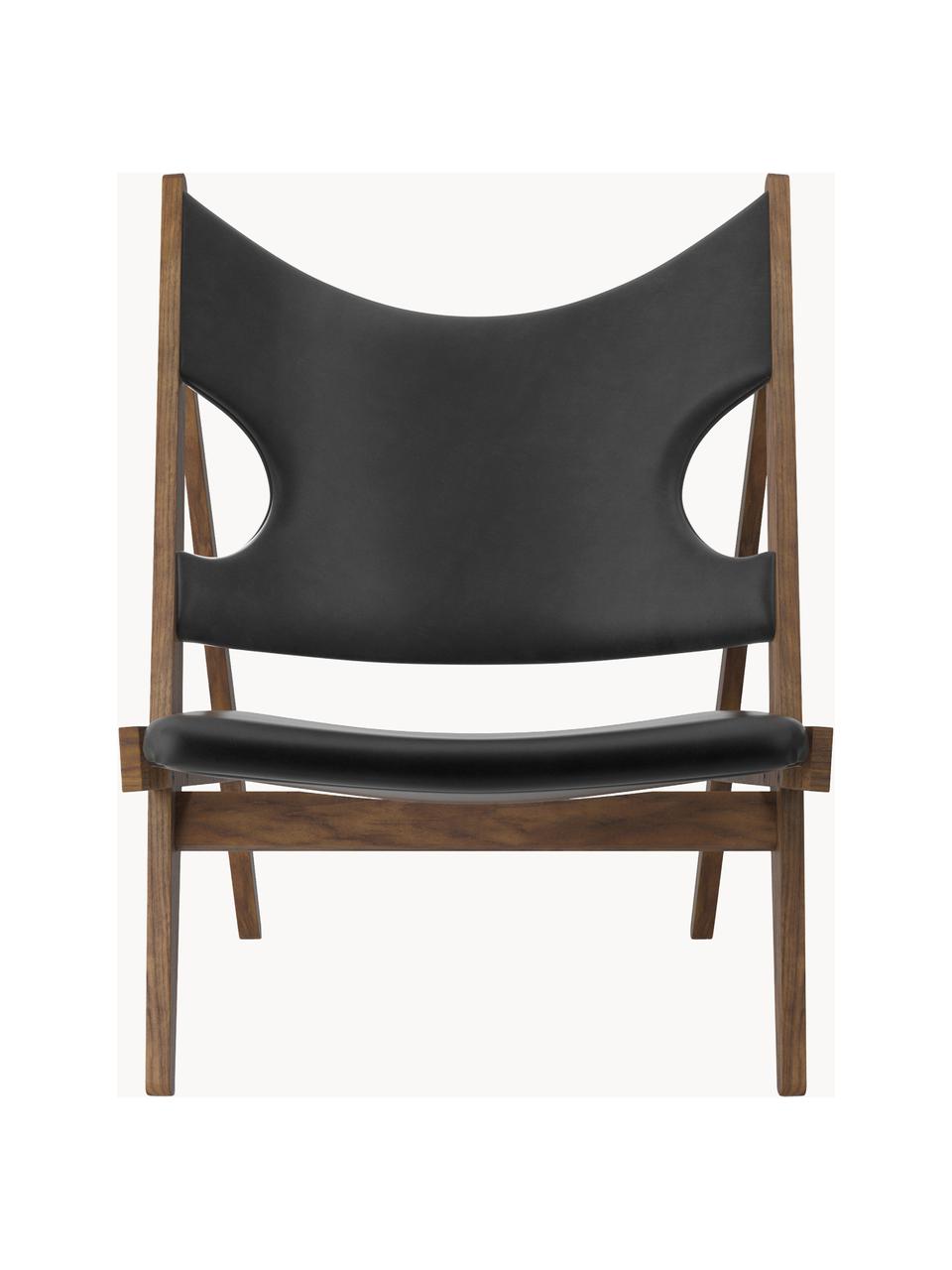 Fauteuil lounge en cuir Knitting, Cuir noir, bois de noyer, larg. 71 x prof. 67 cm