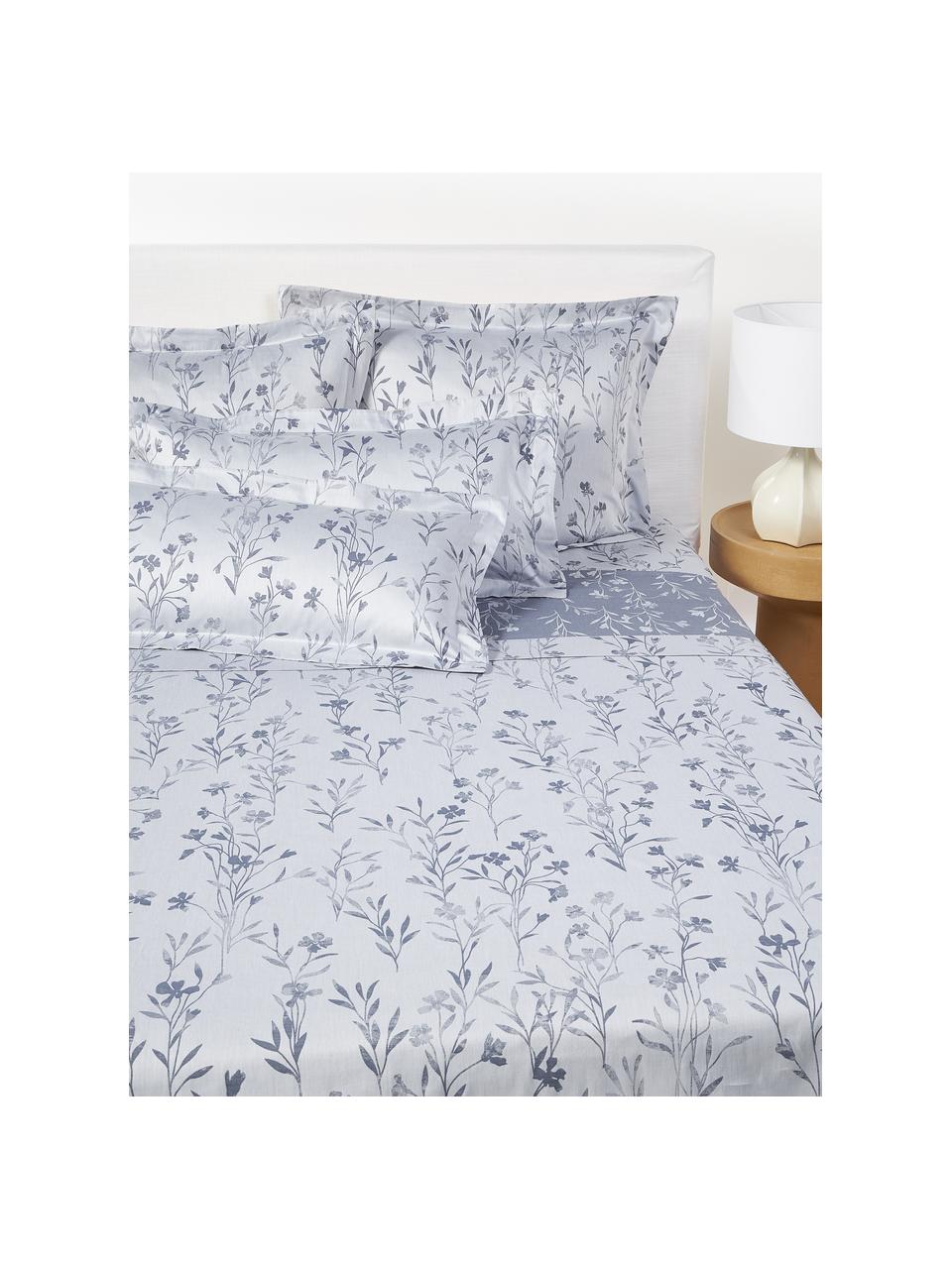 Drap plat en jacquard imprimé fleuri Hurley, Bleu ciel, bleu, larg. 240 x long. 280 cm