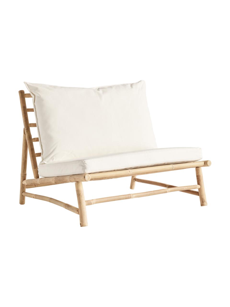 Fotel wypoczynkowy XL z drewna bambusowego Bamslow, Stelaż: drewno bambusowe, Tapicerka: 100% bawełna, Biały, brązowy, S 100 x G 87 cm