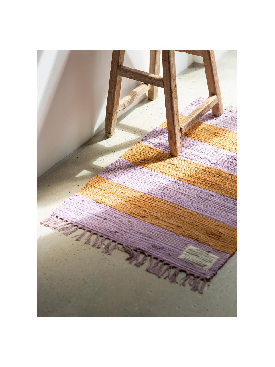 Ručně tkaný bavlněný koberec s třásněmi Chindi, 100 % bavlna, Levandulová, oranžová, Š 60 cm, D 90 cm