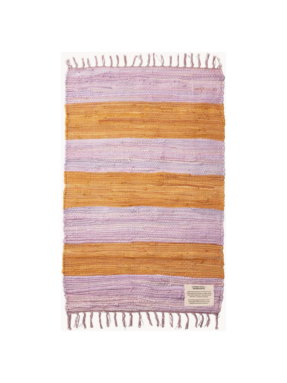 Handgeweven katoenen vloerkleed Chindi met franjes, 100% katoen, Lavendel, oranje, B 60 x L 90 cm