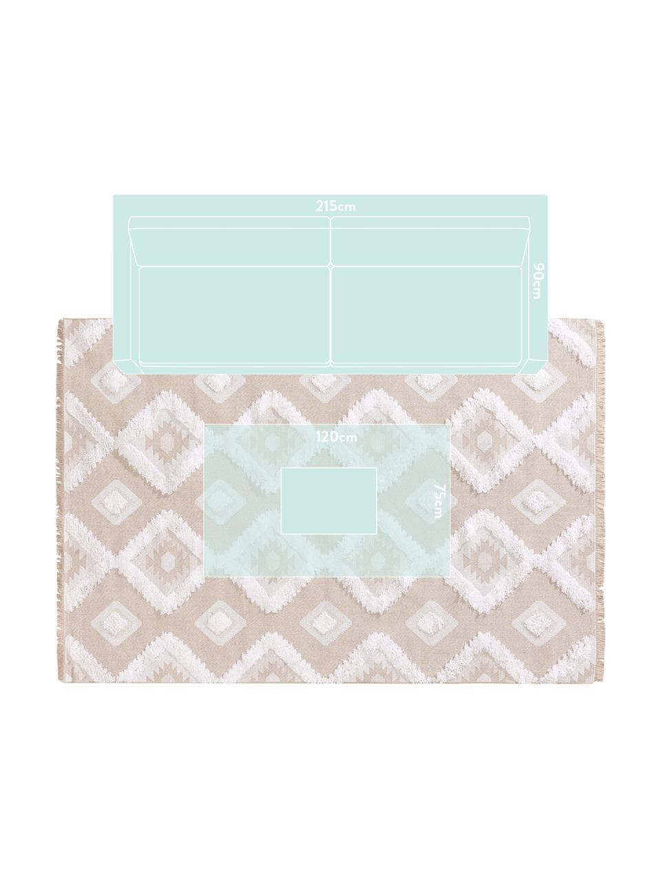 Tappeto in cotone lavato con motivo a rilievo e frange Oslo Squares, 100% cotone, Bianco crema, beige, Larg. 75 x Lung. 150 cm (taglia XS)