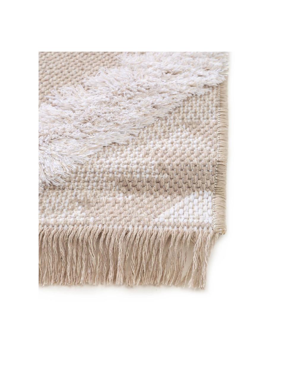 Wasbaar katoenen vloerkleed Oslo Squares met hoog-laag-structuurpatroon en franjes, 100% katoen, Crèmewit, beige, B 75 x L 150 cm (maat XS)