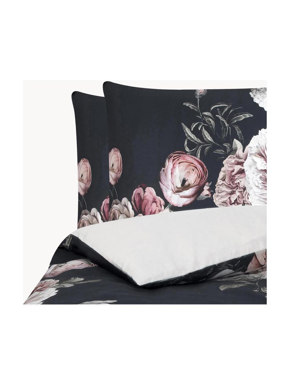 Housse de couette en satin de coton Blossom, Noir, larg. 200 x long. 200 cm