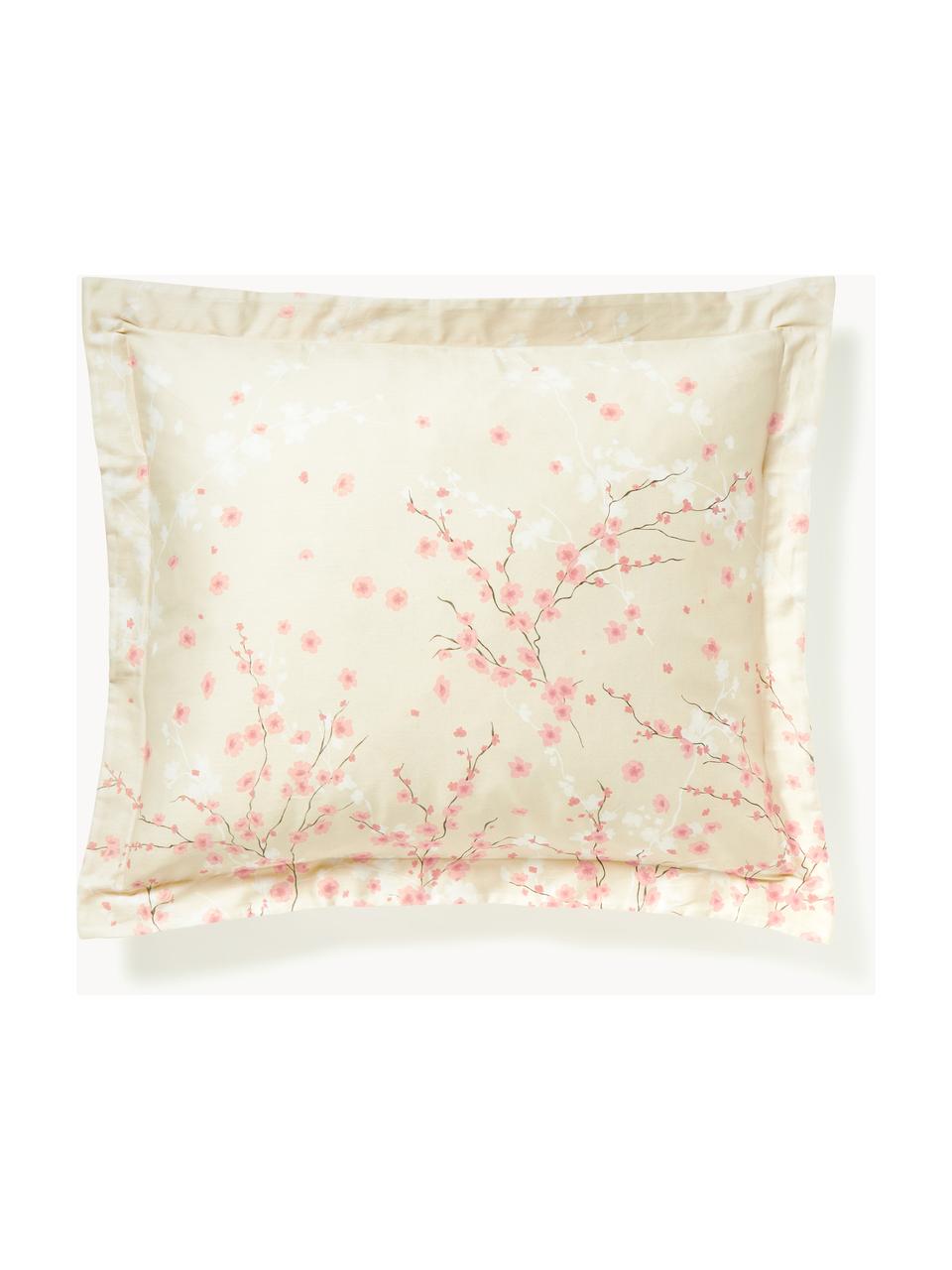 Obliečka na vankúš z bavlneného saténu s kvetinovou potlačou Sakura, Svetlobéžová, svetloružová, biela, Š 40 x D 80 cm
