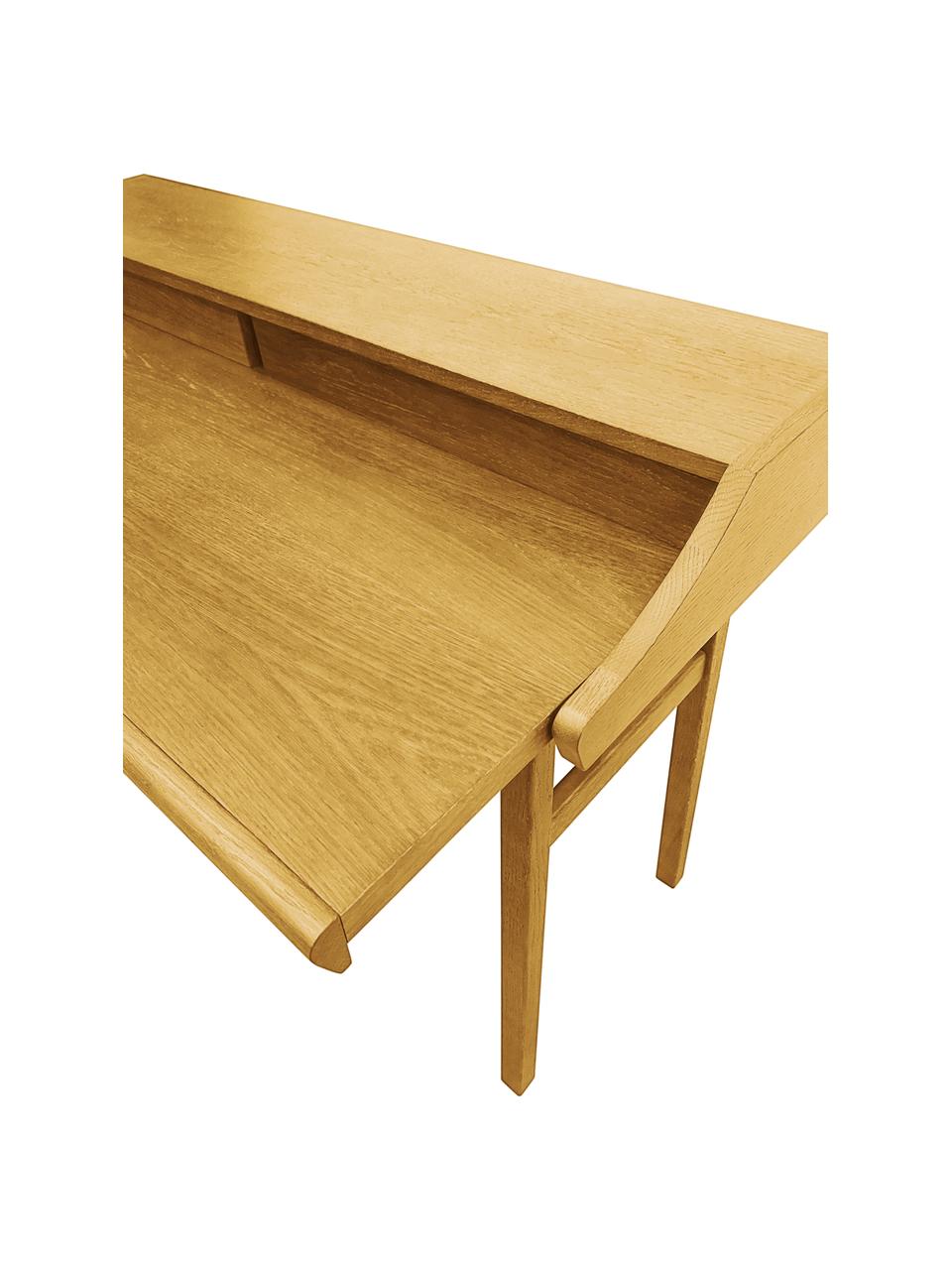 Uitschuifbare bureau Carteret, 115 x 44 - 68 cm, Poten: massief eikenhout, FSC®-g, Tafelblad: spaanplaat met eikenhoutf, Lichtbruin, B 115 x H 84 cm