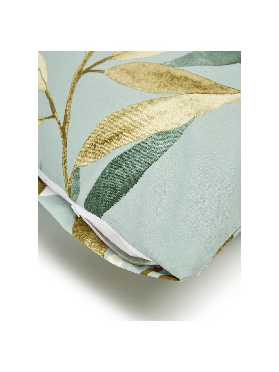 Bavlnená posteľná bielizeň s listovým motívom, Zelené a hnedé tóny, biela