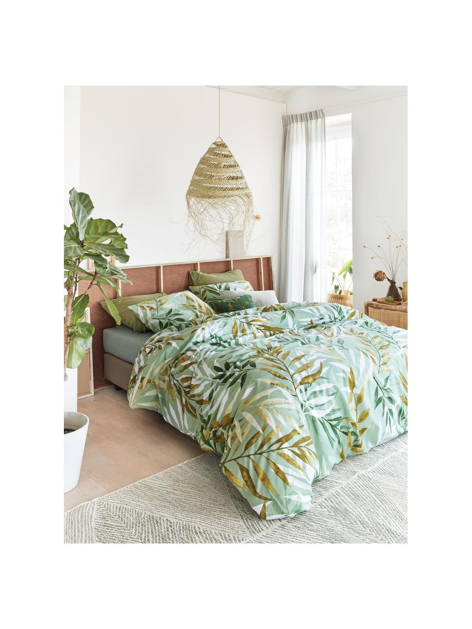 Bavlnená posteľná bielizeň s listovým motívom, Zelené a hnedé tóny, biela