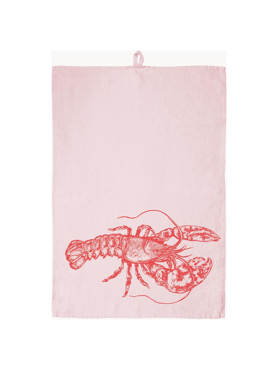 Leinen-Geschirrtuch Lobster, handbedruckt, 100 % Leinen, Hellrosa, Rot, B 50 x L 70 cm