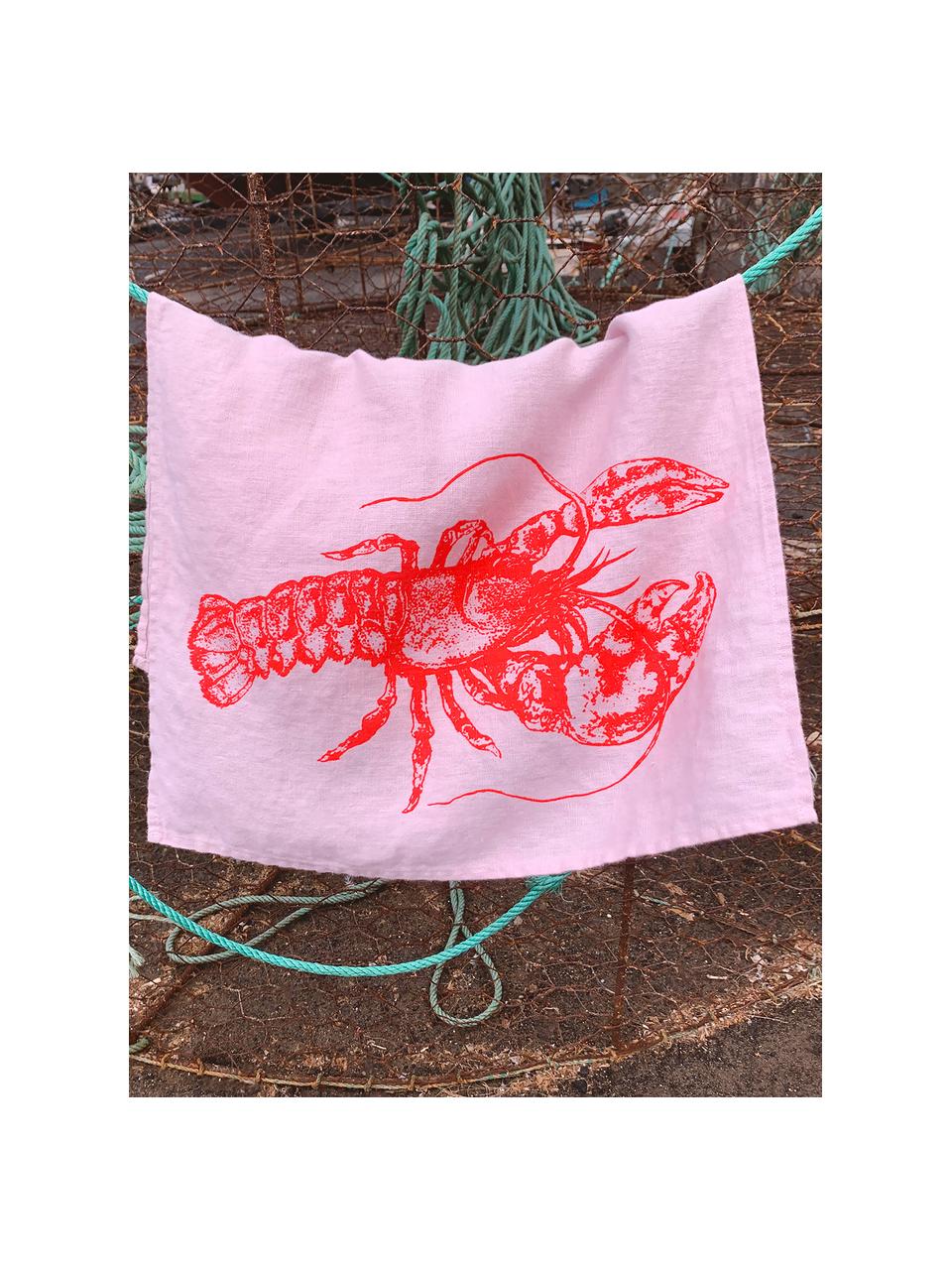 Leinen-Geschirrtuch Lobster, handbedruckt, 100 % Leinen, Hellrosa, Rot, B 50 x L 70 cm