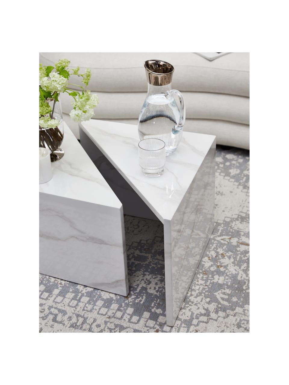 Table basse aspect marbre Vilma, 2 élém., MDF (panneau en fibres de bois à densité moyenne), avec papier adhésive aspect marbre, Blanc, marbré, brillant, Lot de différentes tailles