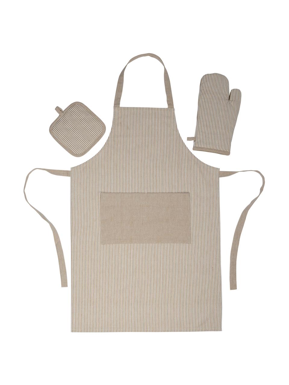 Gestreepte schortset Cappuccino met ovenhandschoen, 3-delig, Beige, wit, B 60 x L 90 cm