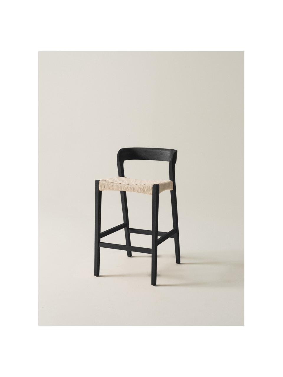 Taburete de bar Vikdalen, Estructura: madera de olmo, Asiento: trenza de cuerda de papel, Beige claro, madera de olmo, negro pintado, An 45 x Al 87 cm