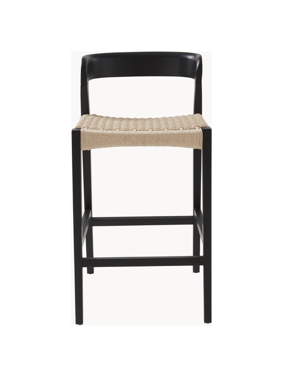 Taburete de bar Vikdalen, Estructura: madera de olmo, Asiento: trenza de cuerda de papel, Beige claro, madera de olmo, negro pintado, An 45 x Al 87 cm