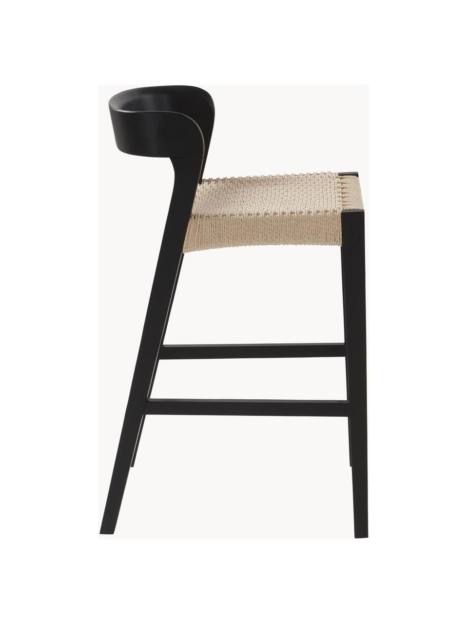 Taburete de bar Vikdalen, Estructura: madera de olmo, Asiento: trenza de cuerda de papel, Beige claro, madera de olmo, negro pintado, An 45 x Al 87 cm