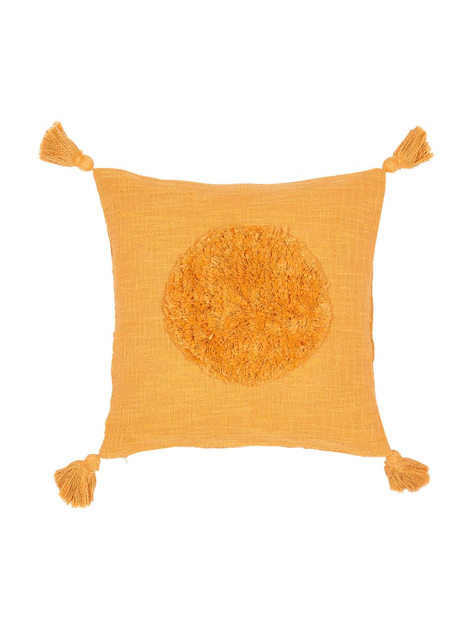 Grob gewebte Kissenhülle Sun aus Bio-Baumwolle mit Tasseln, 100% Bio-Baumwolle, Gelb, 45 x 45 cm