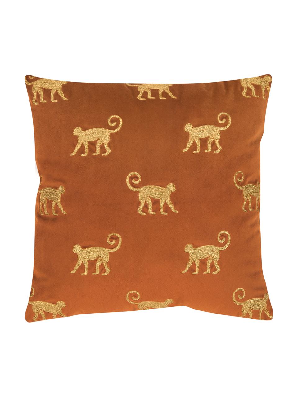 Housse de coussin en velours brodé Legong, 100 % velours de polyester, Orange, couleur dorée, larg. 40 x long. 40 cm