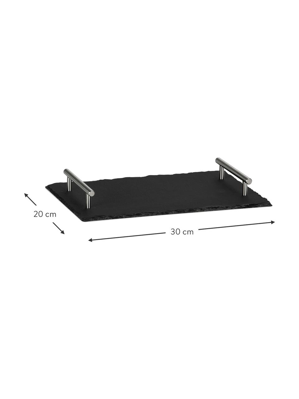 Dienblad Slate in zwart, L 30 x B 20 cm, Dienblad: leisteen, Handvatten: edelstaal, Zwart, zilverkleurig, L 30 x B 20 cm