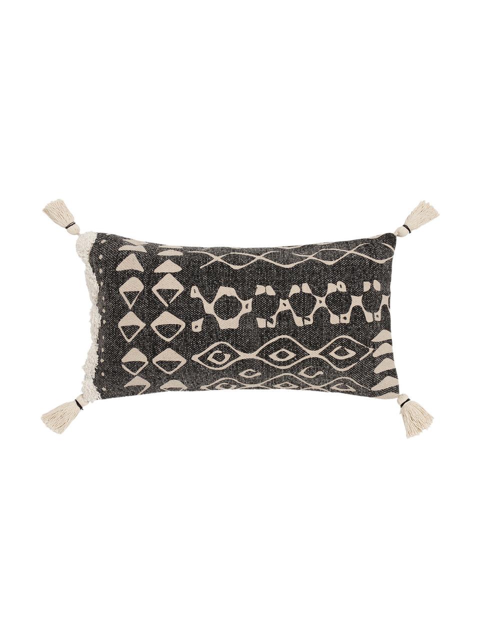 Housse de coussin rectangulaire bohème pur coton Boa, Noir, blanc