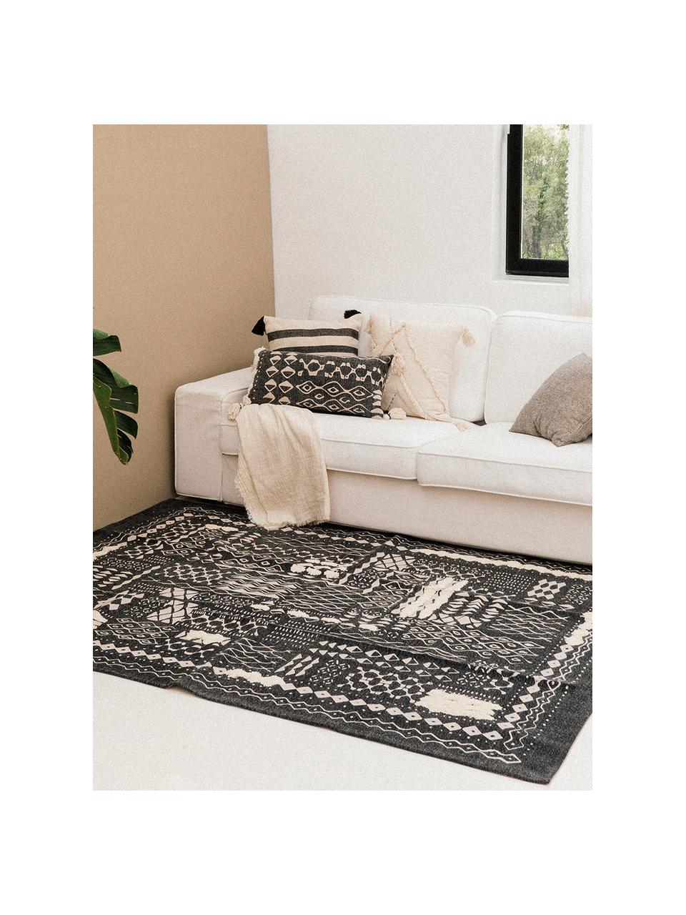 Boho kussenhoes Boa met kwastjes, 100% katoen, Zwart, wit, 30 x 60 cm