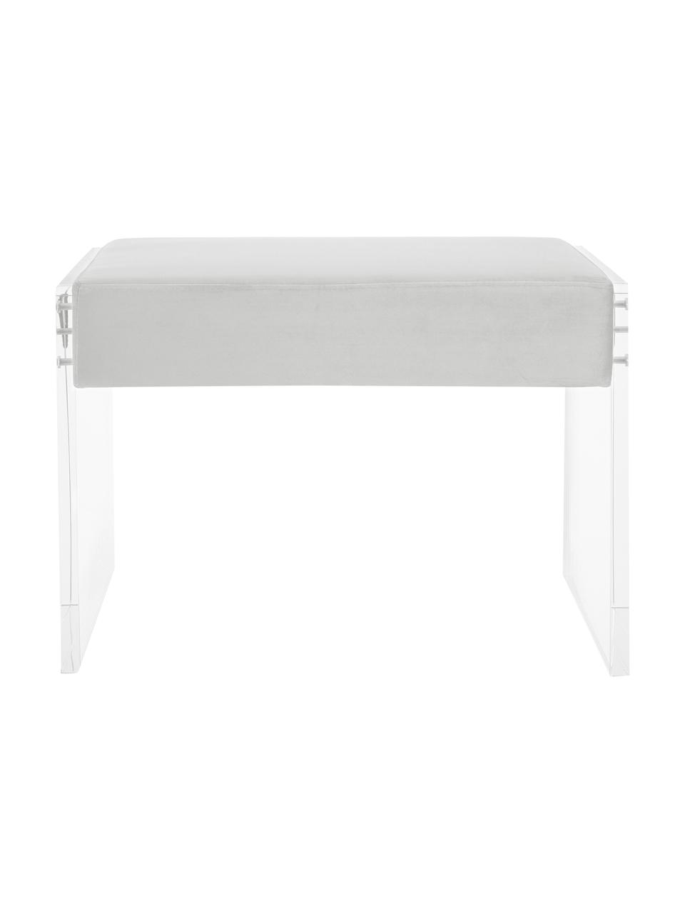 Samt-Hocker Ayden mit Gestell aus Acrylglas, Bezug: Samt (Polyester) 25.000 S, Gestell: Massives Pappelholz, Sper, Beine: Acrylglas, Bezug: HellgrauGestell: Transparent, 61 x 45 cm