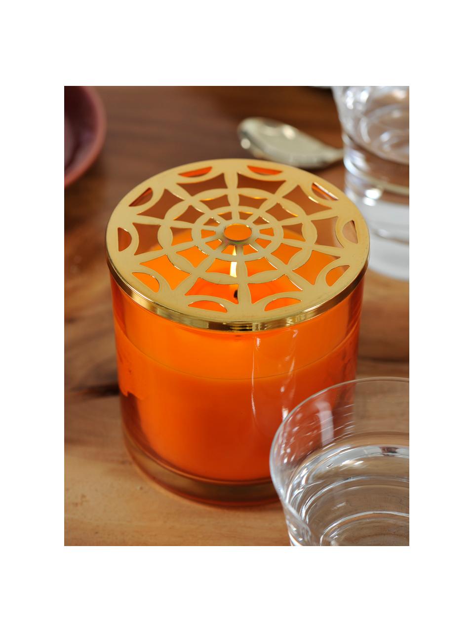 Candela profumata Narana (arancione), Contenitore: vetro, Coperchio: metallo, Dorato, arancione, Ø 10 x Alt. 10 cm