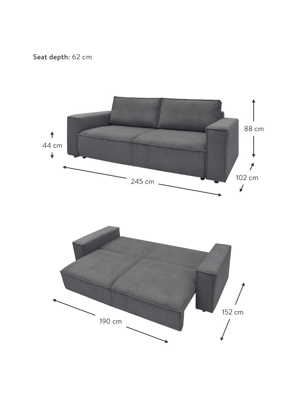 Sofá cama de pana Nihad (3 plazas), con espacio de almacenamiento, Tapizado: pana de poliéster, Patas: plástico, Pana gris oscuro, An 245 x F 102 cm