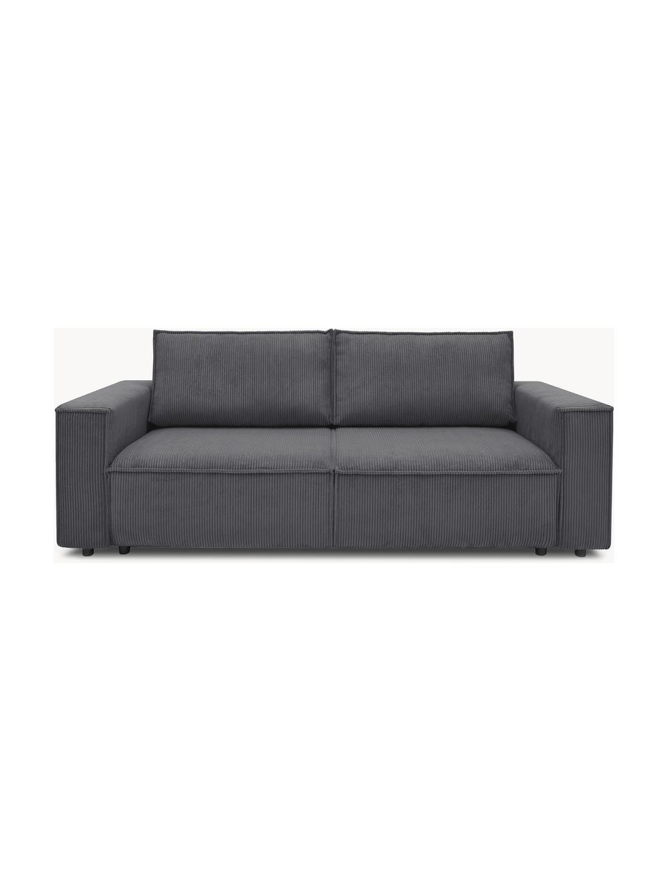 Sofa rozkładana ze sztruksu z miejscem do przechowywania Nihad (3-osobowa), Tapicerka: sztruks poliestrowy, Nogi: tworzywo sztuczne, Ciemnoszara tkanina, S 245 x G 102 cm