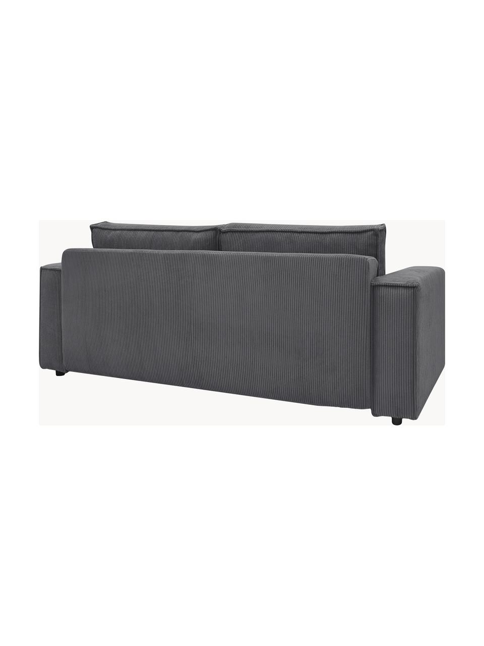 Divano letto 3 posti in velluto a coste grigio scuro con contenitore Nihad, Rivestimento: corda di poliestere, Sottostruttura: legno, molle Nosag, Piedini: plastica, Tessuto grigio scuro, nero, Larg. 245 x Prof. 102 cm