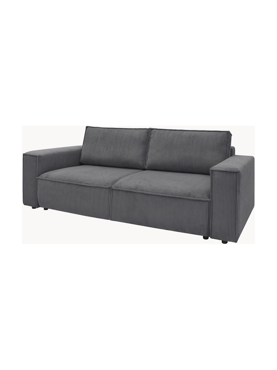 Sofa rozkładana ze sztruksu z miejscem do przechowywania Nihad (3-osobowa), Tapicerka: sztruks poliestrowy, Nogi: tworzywo sztuczne, Ciemnoszara tkanina, S 245 x G 102 cm