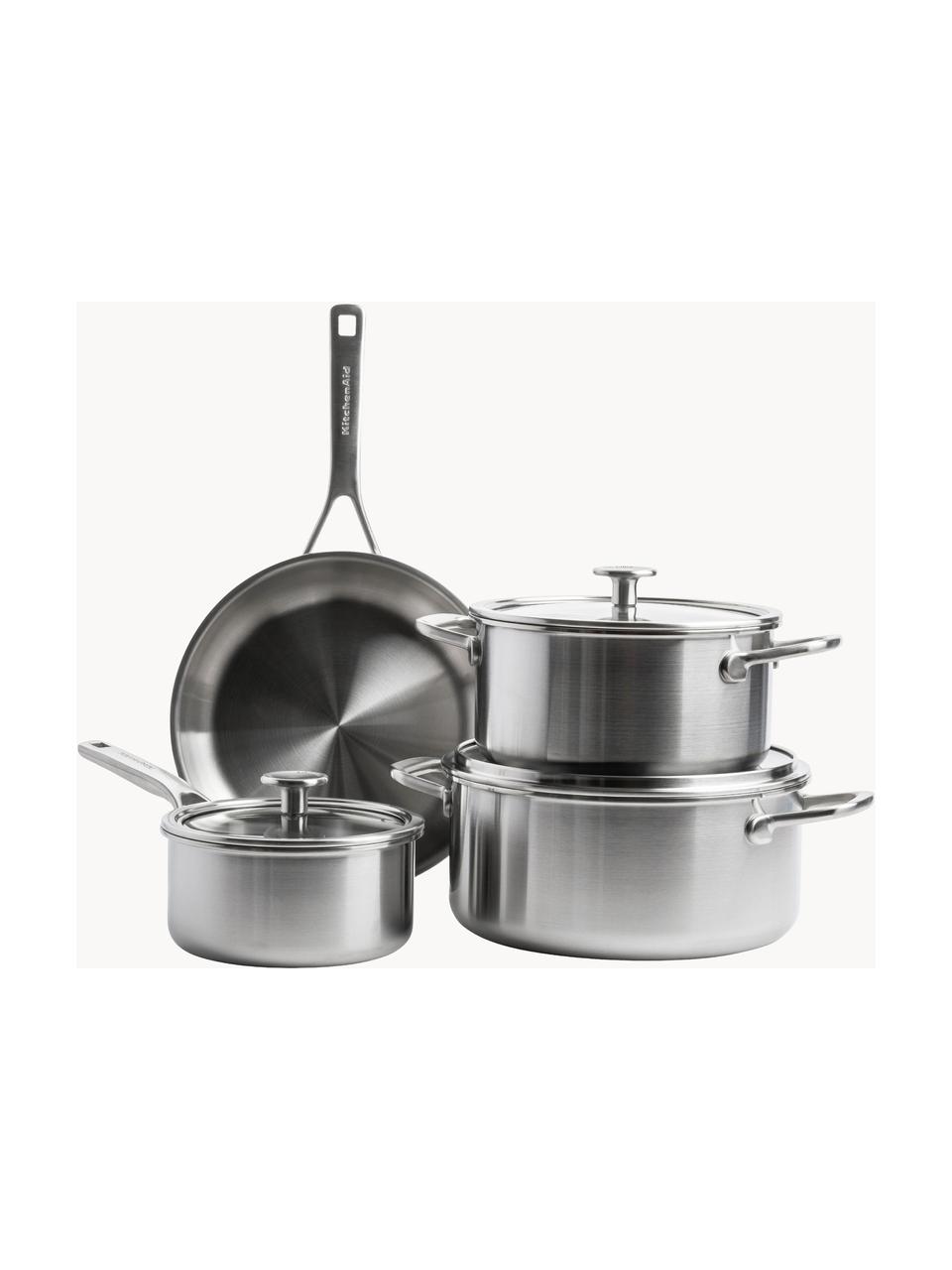 Koch-Set KitchenAid mit 3 Schichtböden, 7er-Set, Deckel: Glas, Silberfarben, 7-tlg. Set mit verschiedenen Größen