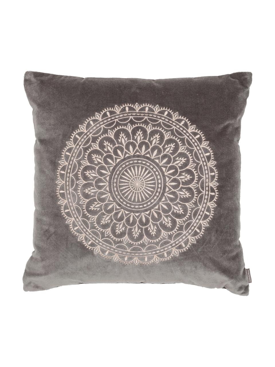 Coussin 45x45 en velours gris brodé Preston, Gris, couleur crème