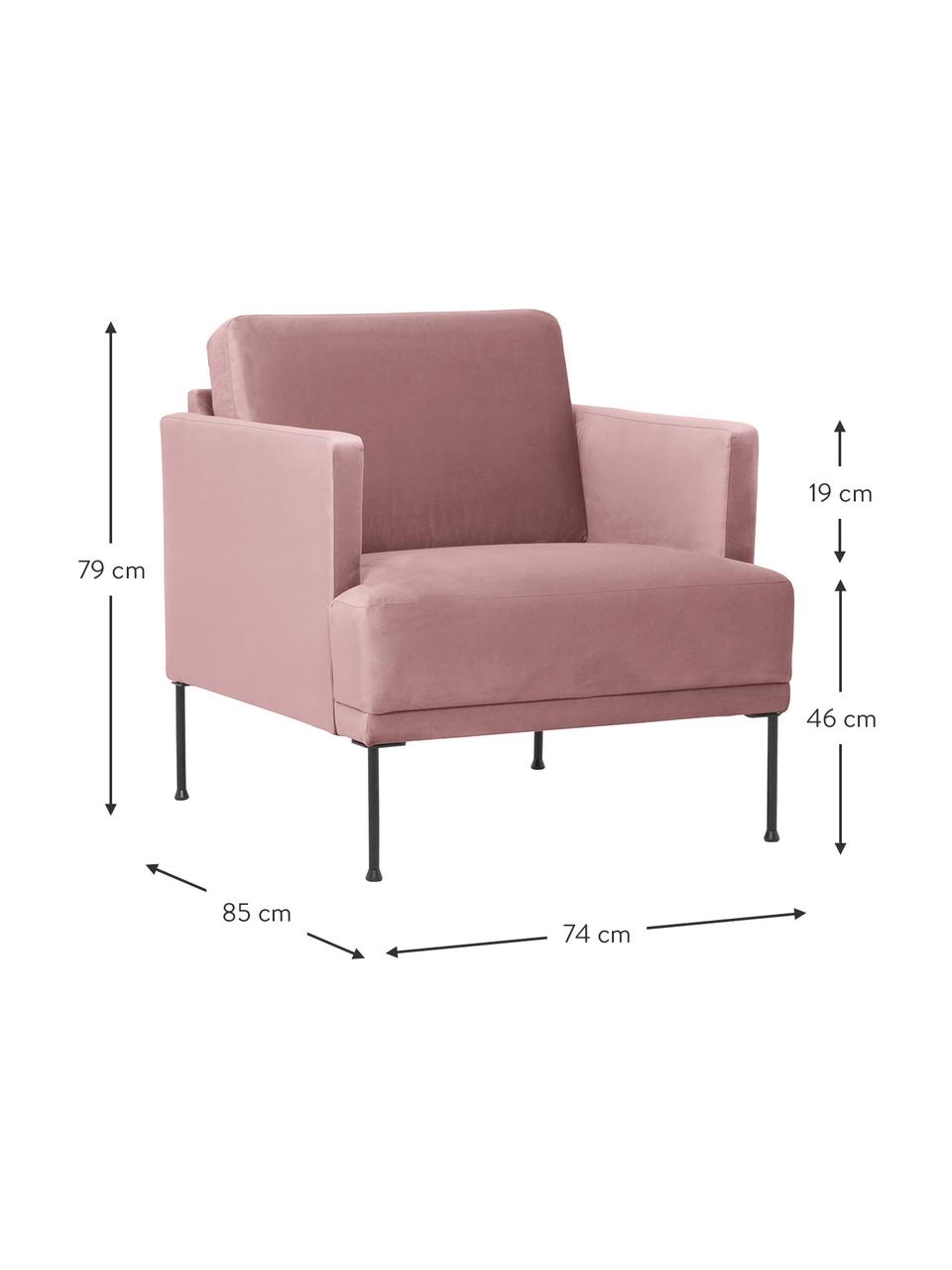 Poltrona in velluto con piedini in metallo Fluente, Rivestimento: velluto (copertura in pol, Struttura: legno di pino massiccio, , Piedini: metallo verniciato a polv, Velluto rosa, Larg. 74 x Prof. 85 cm