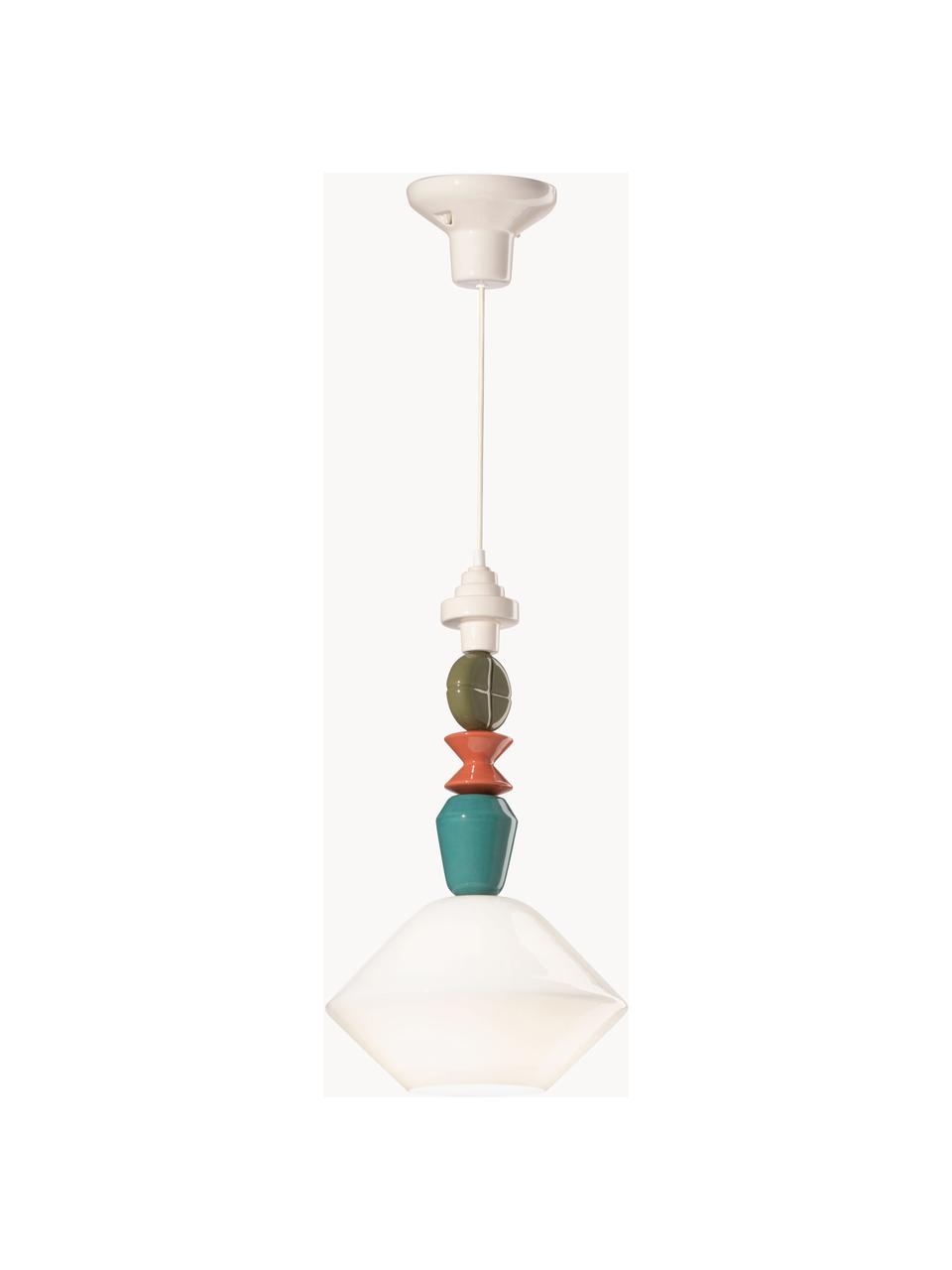 Handgefertigte Design-Pendelleuchte Lariat, Lampenschirm: Glas, Dekor: Keramik, Baldachin: Aluminium, pulverbeschich, Off White, Bunt, Ø 31 x H 56 cm