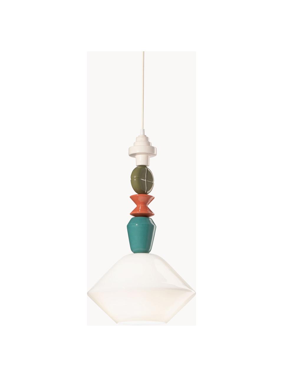 Handgefertigte Design-Pendelleuchte Lariat, Lampenschirm: Glas, Dekor: Keramik, Baldachin: Aluminium, pulverbeschich, Off White, Bunt, Ø 31 x H 56 cm