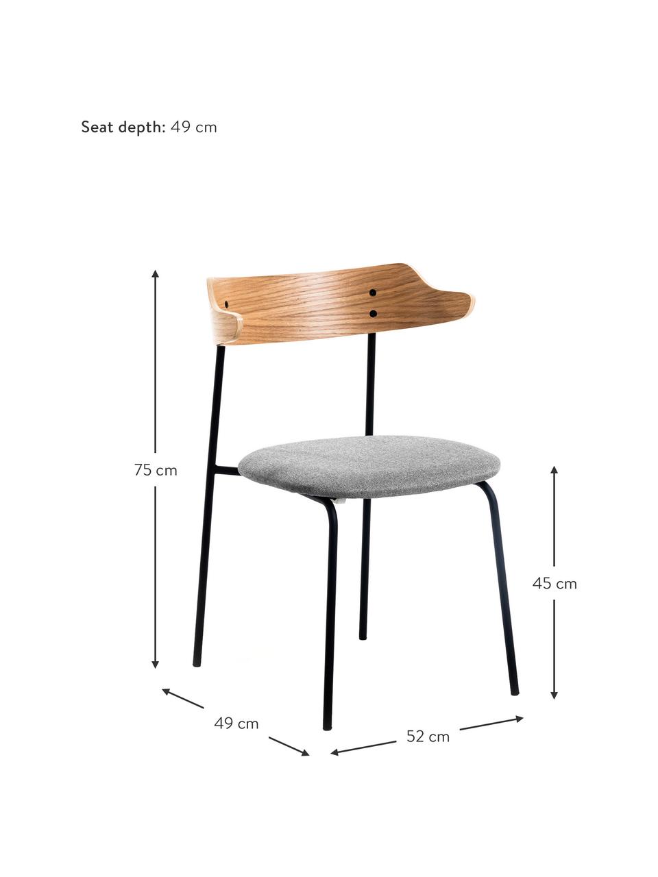 Krzesło tapicerowane z oparciem z drewna naturalnego Olympia, 2 szt., Szary, drewno dębowe, S 52 x G 49 cm